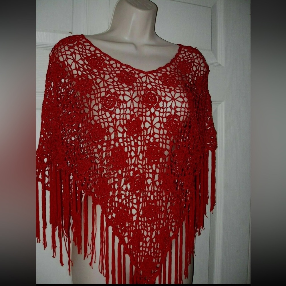 Red Poncho Crochet Knit Fringed Dressy Women's One Size